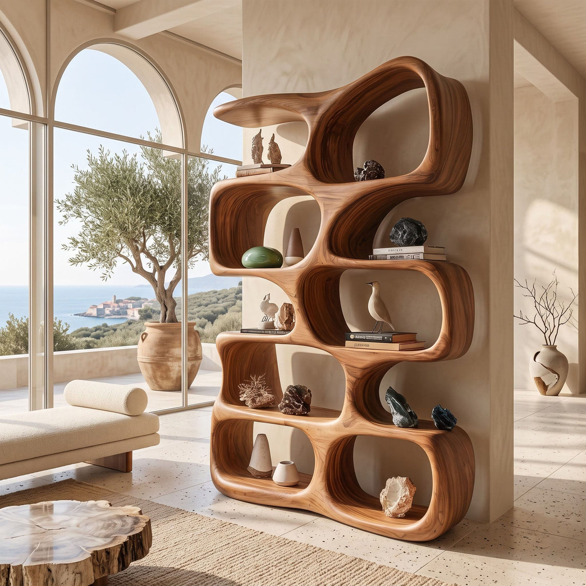 Contemporary solid wood curved display bookcase placed in a sunlit studio apartment