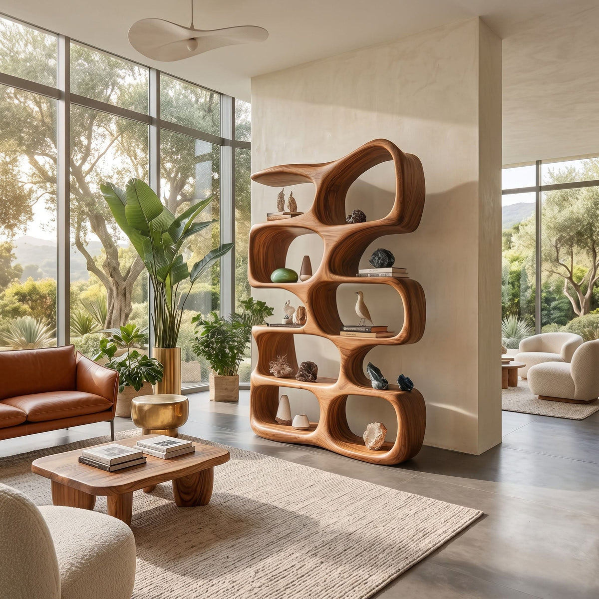 Biomorphic solid wood sculptural display shelf styled with ceramics in an open-concept living room