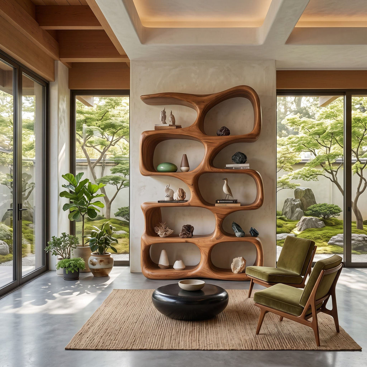 Contemporary solid wood curved display bookcase placed in a living room