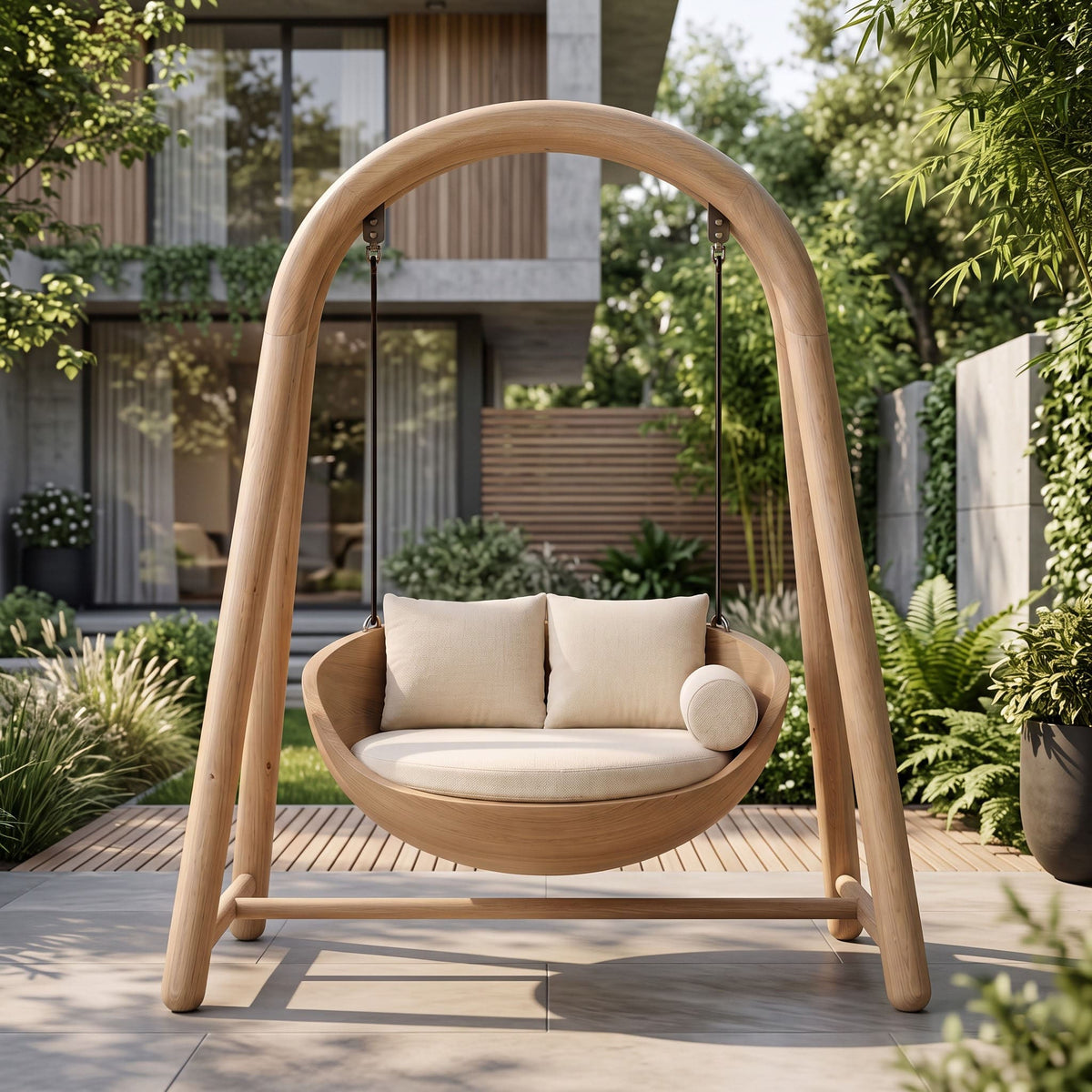 A wooden outdoor swing chair with two cream cushions and a matching round pillow, suspended under a curved wooden frame on a patio in a landscaped garden setting.
