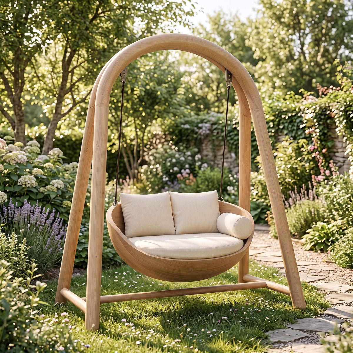A wooden hanging swing chair with cream cushions sits on a grassy garden path surrounded by lush greenery and flowers.