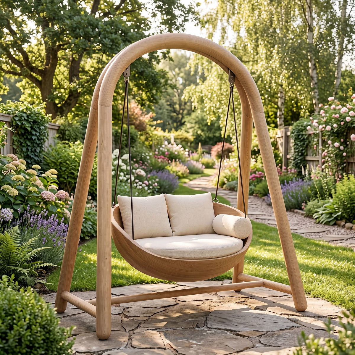 A wooden outdoor swing chair with cream cushions, suspended on a matching wooden A-frame stand in a lush, sunlit garden.