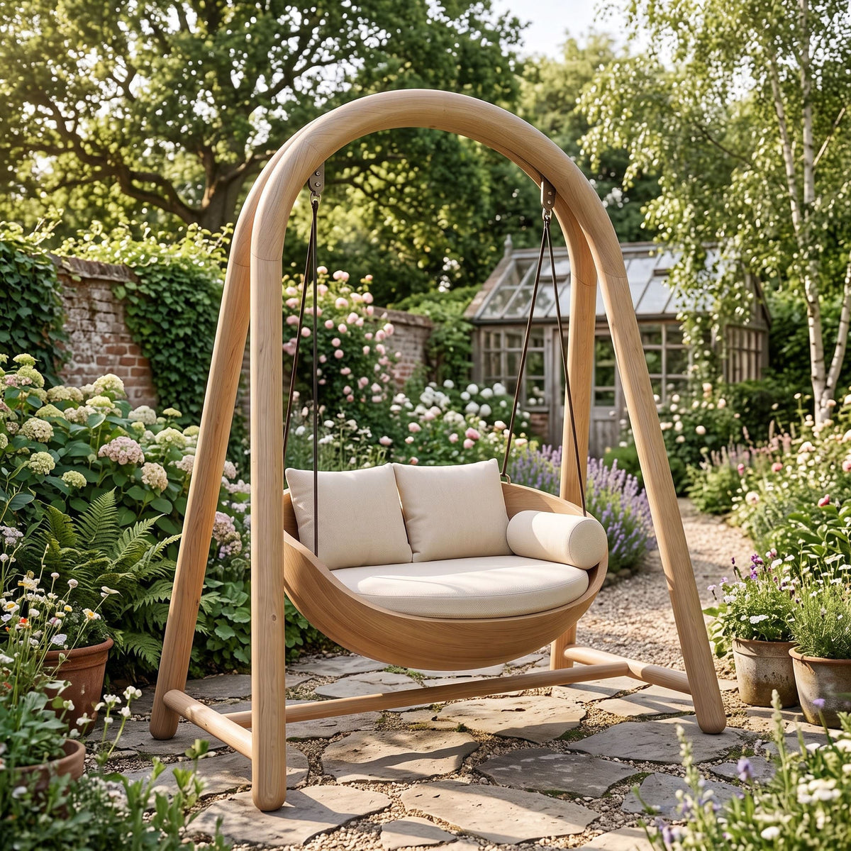 A wooden outdoor swing chair with cream cushions is set in a lush garden courtyard with a stone path, potted plants, and a greenhouse in the background.