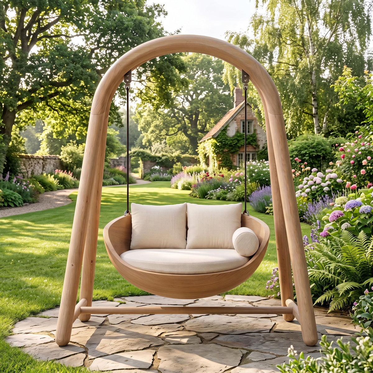 A wooden hanging swing daybed with cream cushions is set on a stone patio in a lush, sunlit garden with trees, flowers, and a cottage in the background.