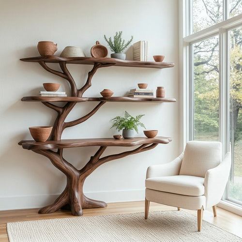Biophilic Design Bookshelf - Large Sculptural Tree Branch Live Edge Solid Wood Shelf