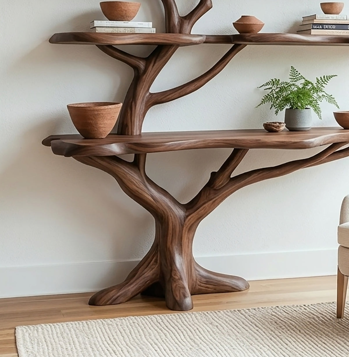 Tree branch bookshelf for books, plants, and decor accents