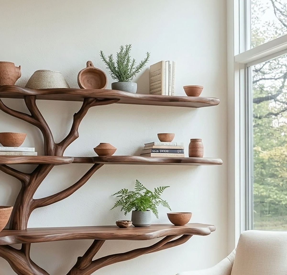Biophilic Design Bookshelf – Large Sculptural Tree Branch Live Edge Solid Wood Shelf