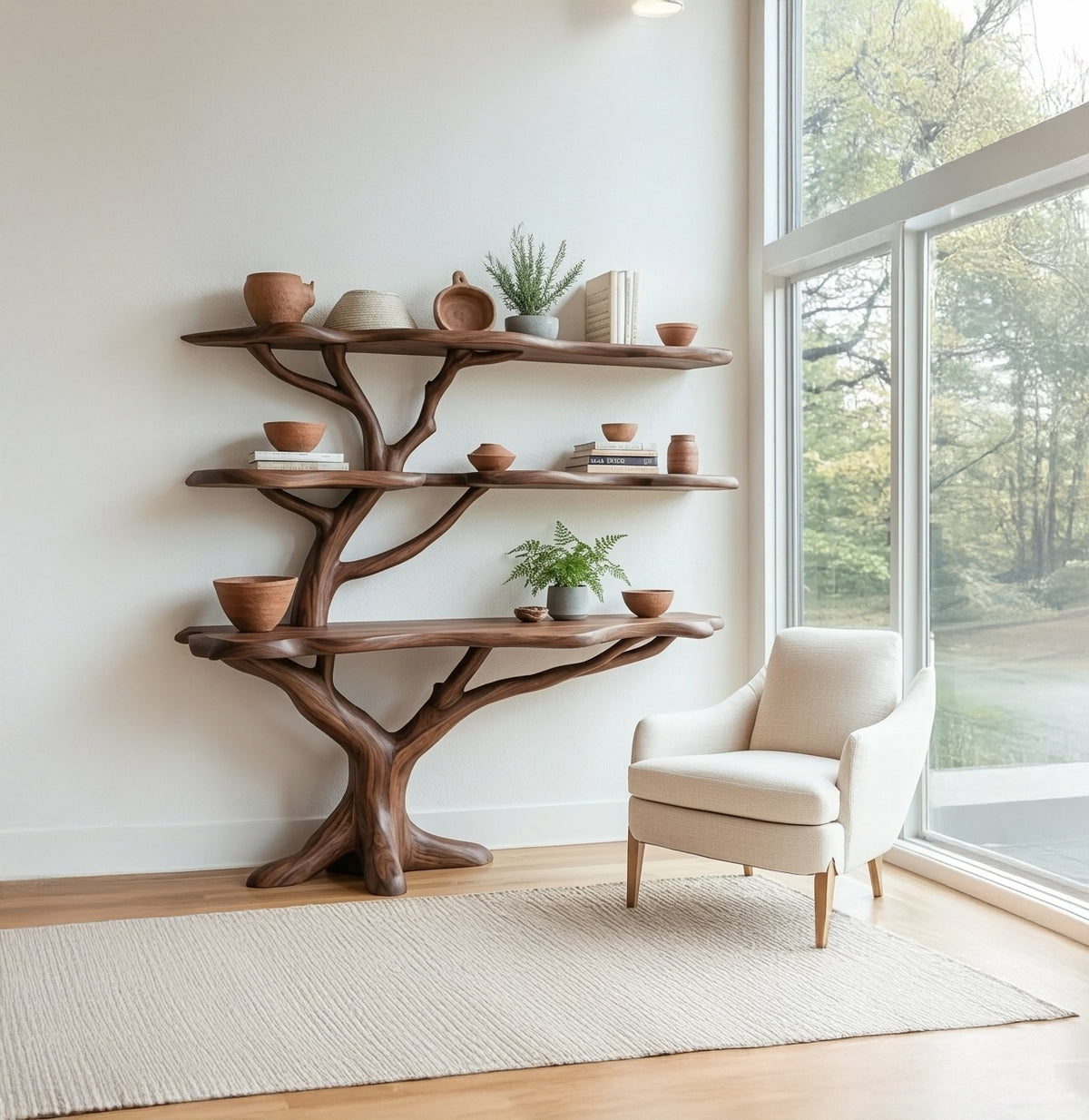 Large live edge solid wood bookshelf handcrafted for display