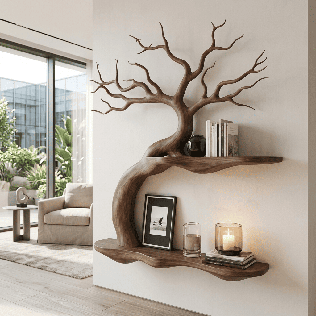 Biophilic sculptural bonsai tree wall shelf in solid wood