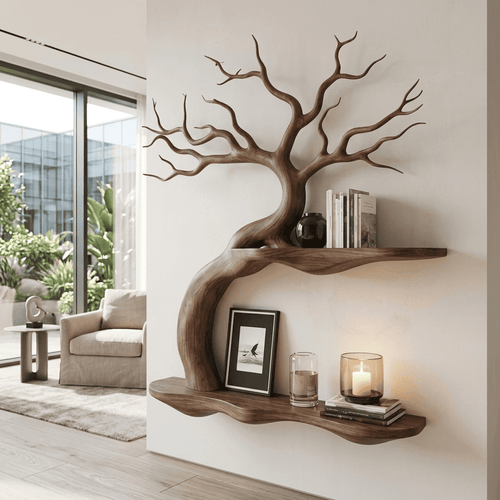 Biophilic Sculptural Solid Wood Bonsai Tree Wall Shelf - Hand-Carved Floating Branch Ledge