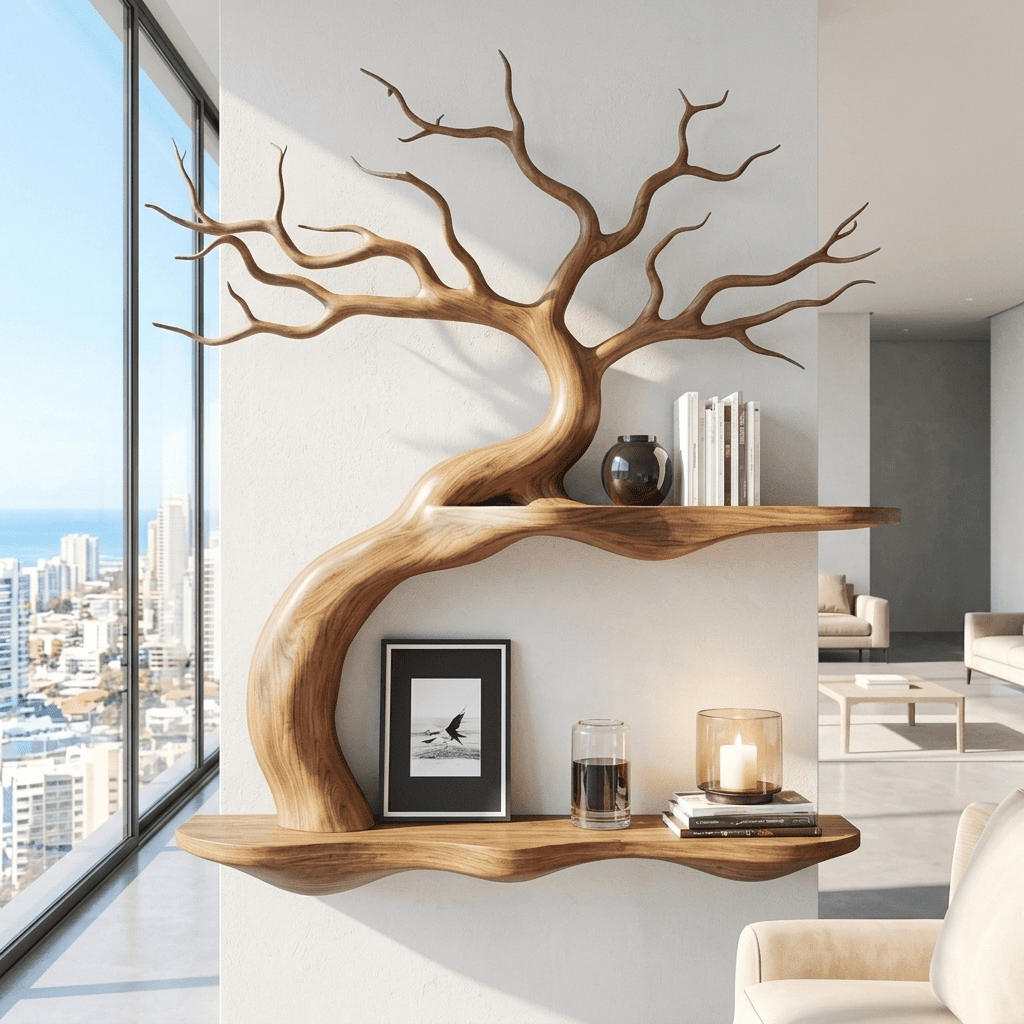 Biophilic solid wood bonsai tree wall shelf styled with small ceramics in a zen living room