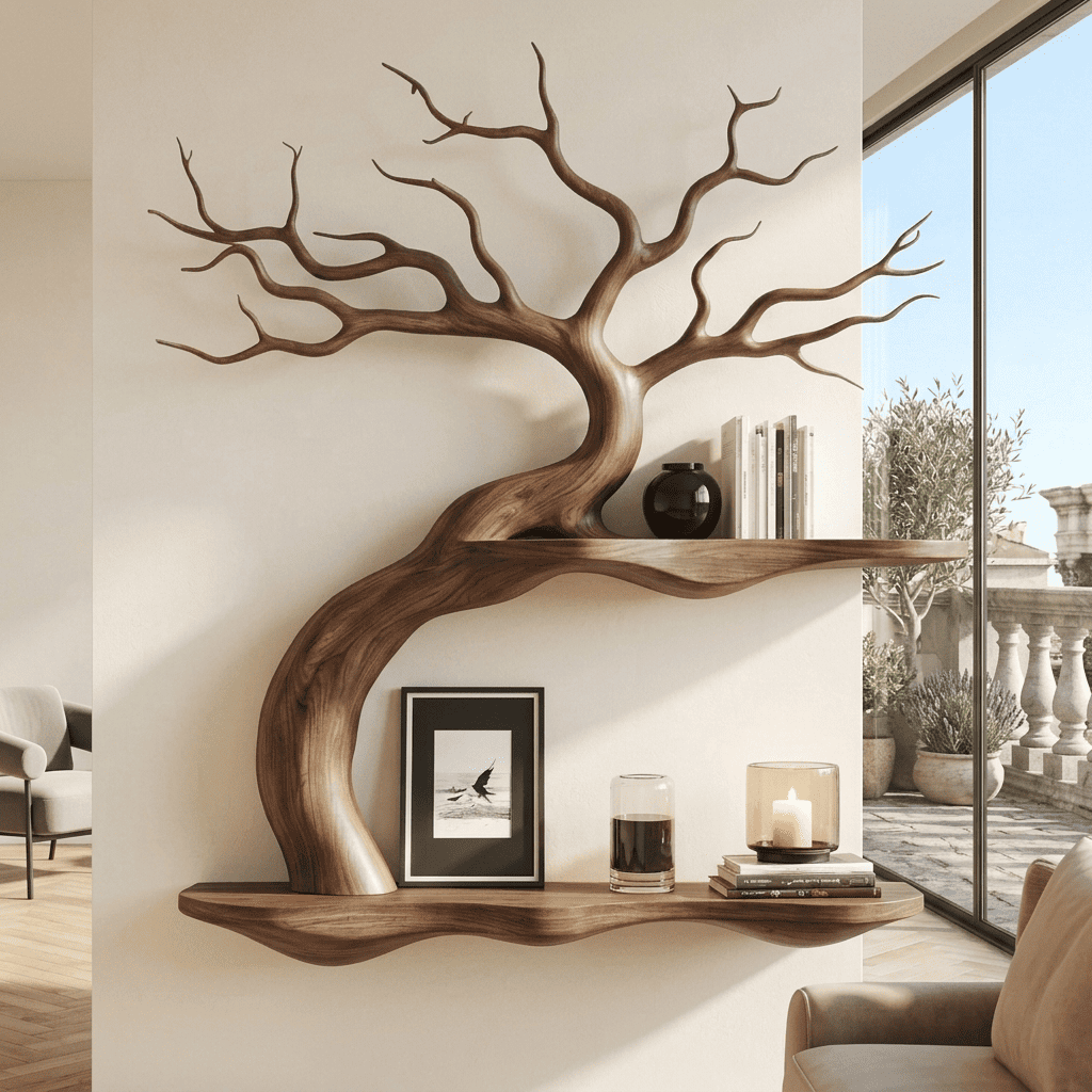 Hand-carved natural timber floating branch ledge for a minimalist tea room corner
