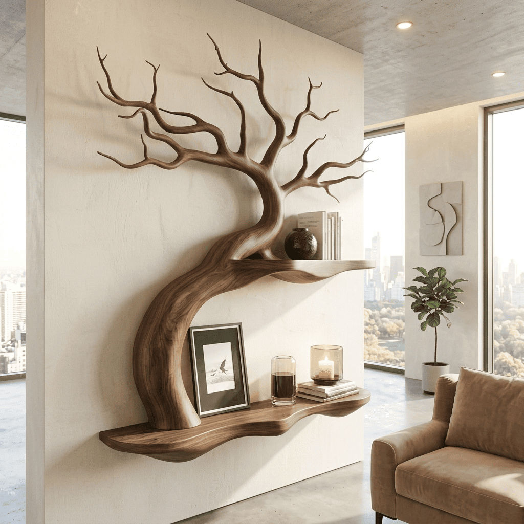 Organic natural wood curved branch ledge styled in an executive home office reading nook