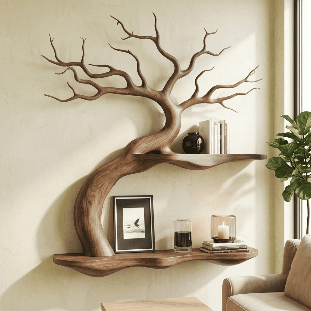 Biophilic solid wood bonsai tree wall shelf styled with small ceramics in a zen living room
