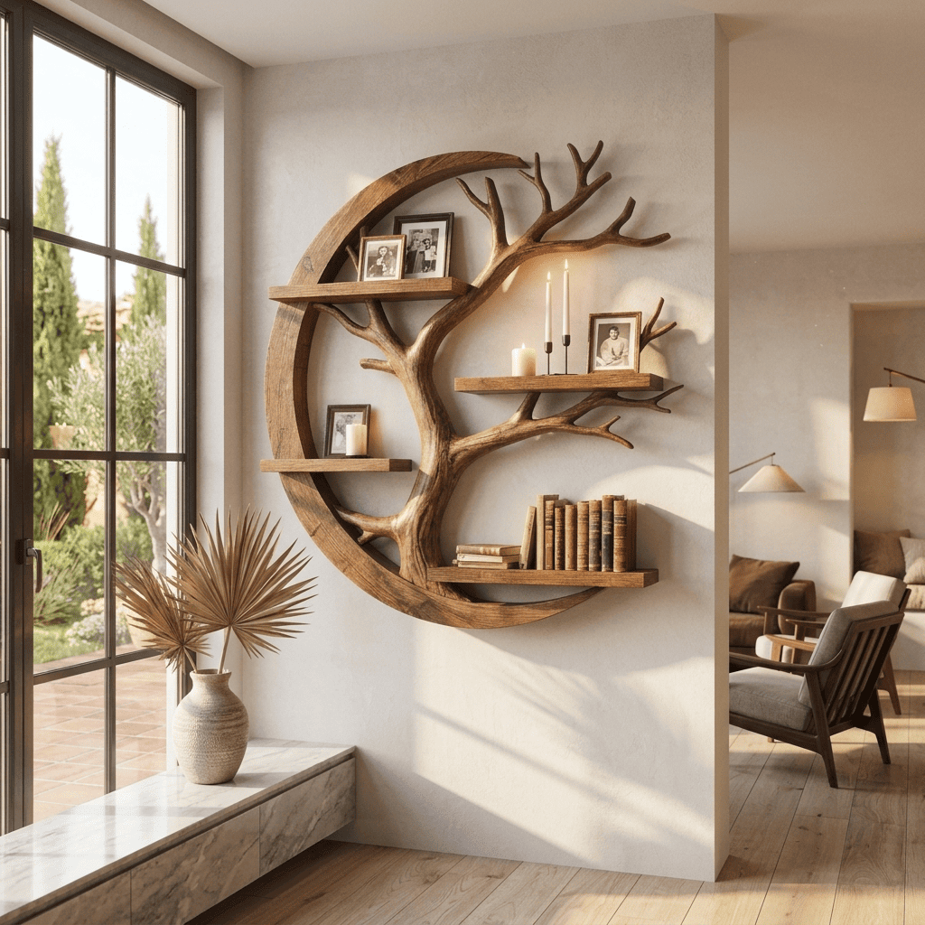 Biophilic crescent moon tree wall shelf in solid wood