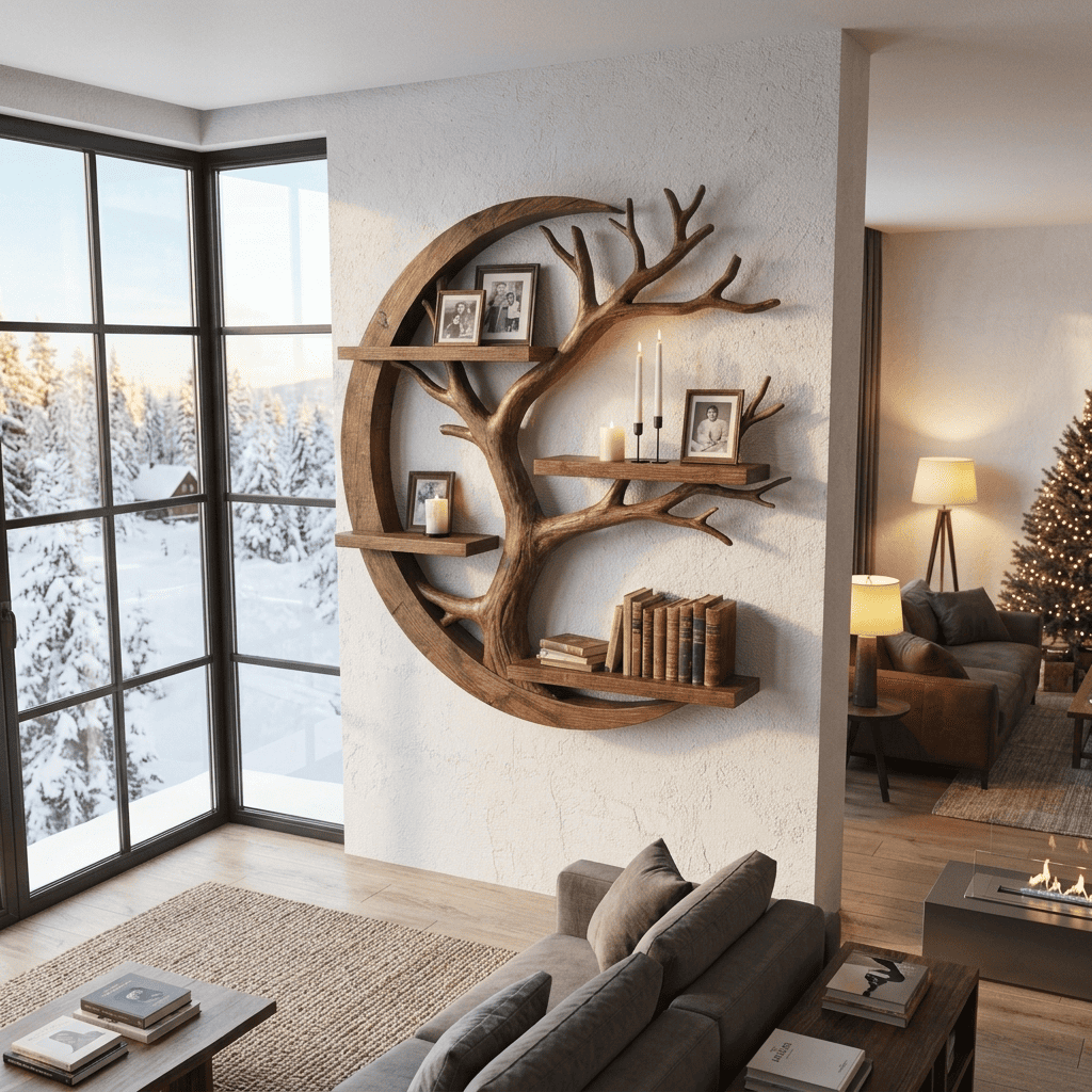 Biophilic solid wood crescent moon tree wall shelf in a contemporary living room