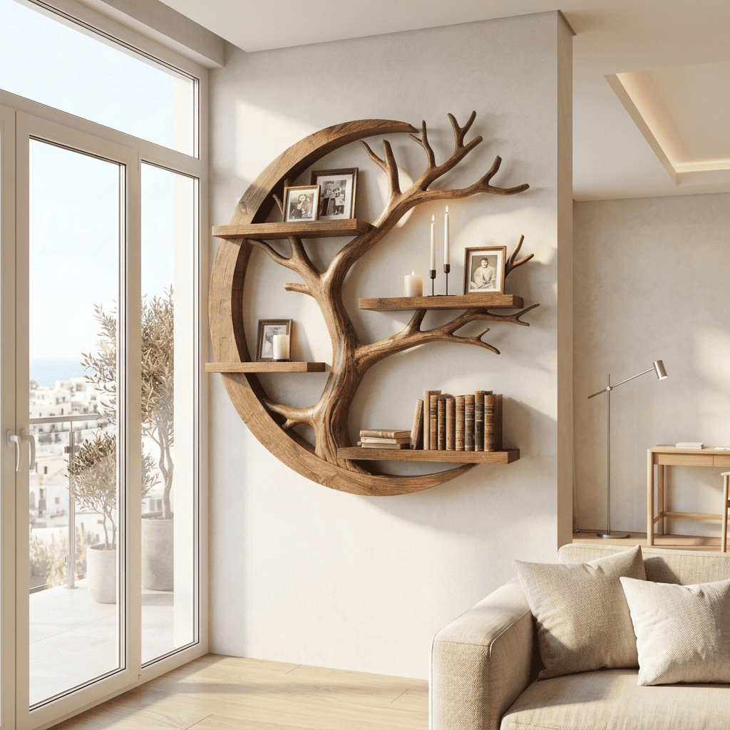 Hand-carved solid wood floating botanical display styled in a modern living room