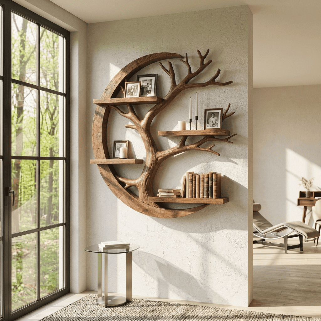 Sculptural solid wood crescent moon shelf displayed in a minimalist reading nook