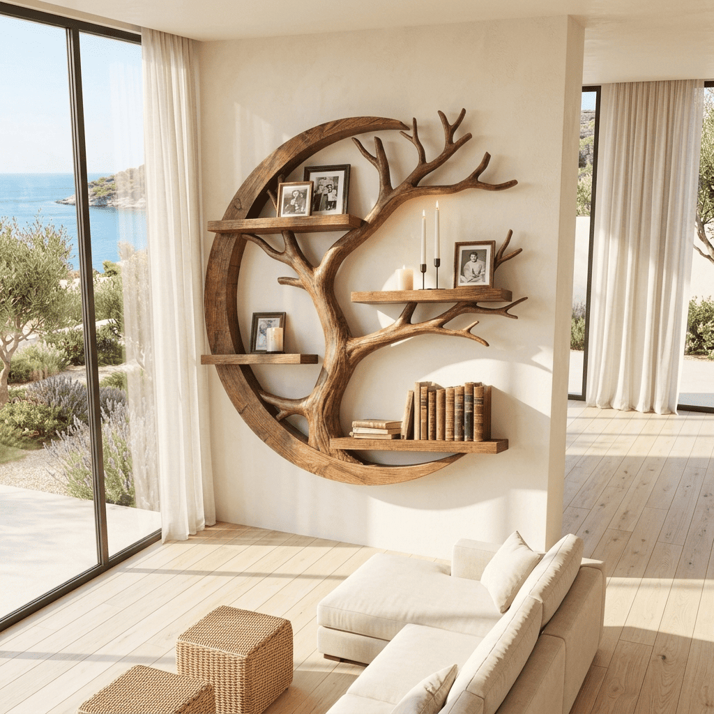 Biophilic solid wood botanical display shelf showcased as a sculptural wall accent