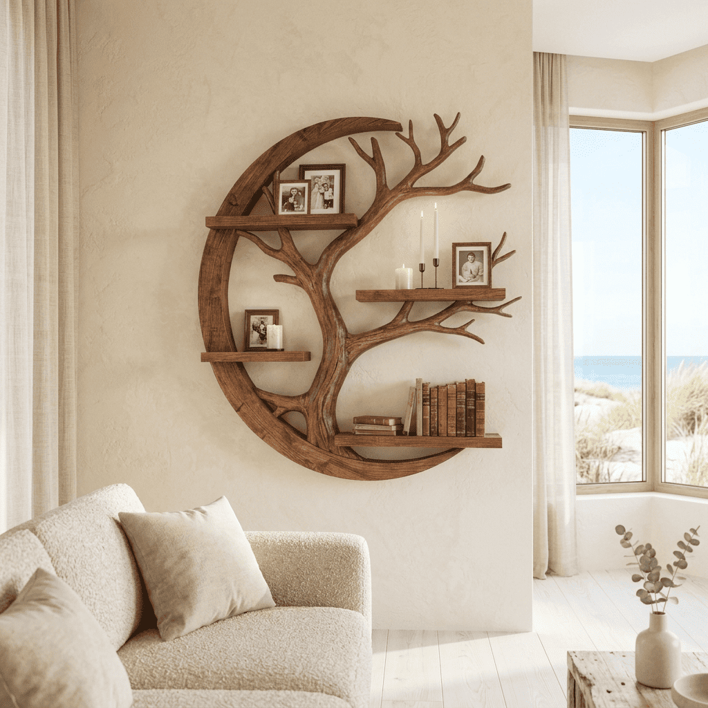 Organic solid wood tree wall shelf enhancing a contemporary home interior