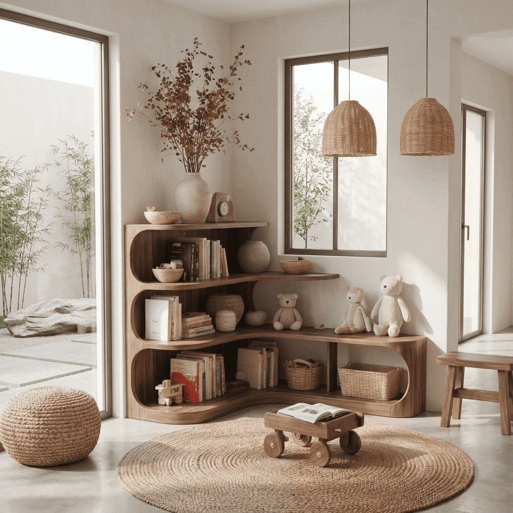 Biophilic curved corner bookshelf in solid wood