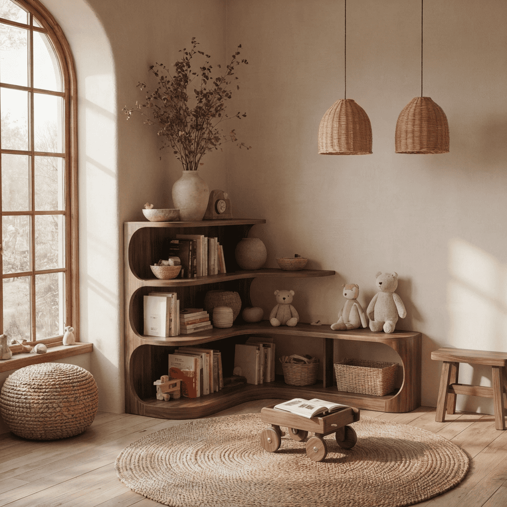Handcrafted solid wood L-shaped bookshelf styled in a modern reading nook
