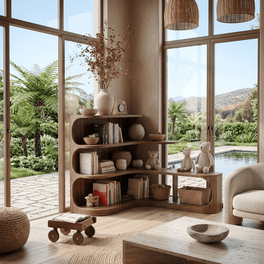 Biophilic solid wood curved corner bookshelf with low reading bench in a contemporary living room