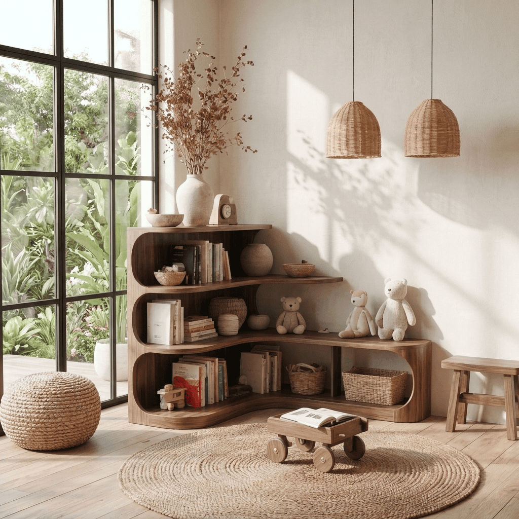 Sculptural solid wood curved bookshelf enhancing a cozy reading space