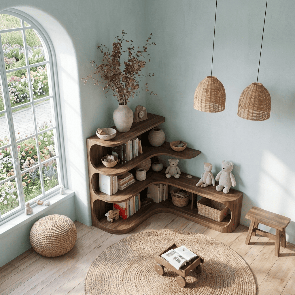 Biophilic solid wood bookshelf and reading bench showcased in an elegant home interior