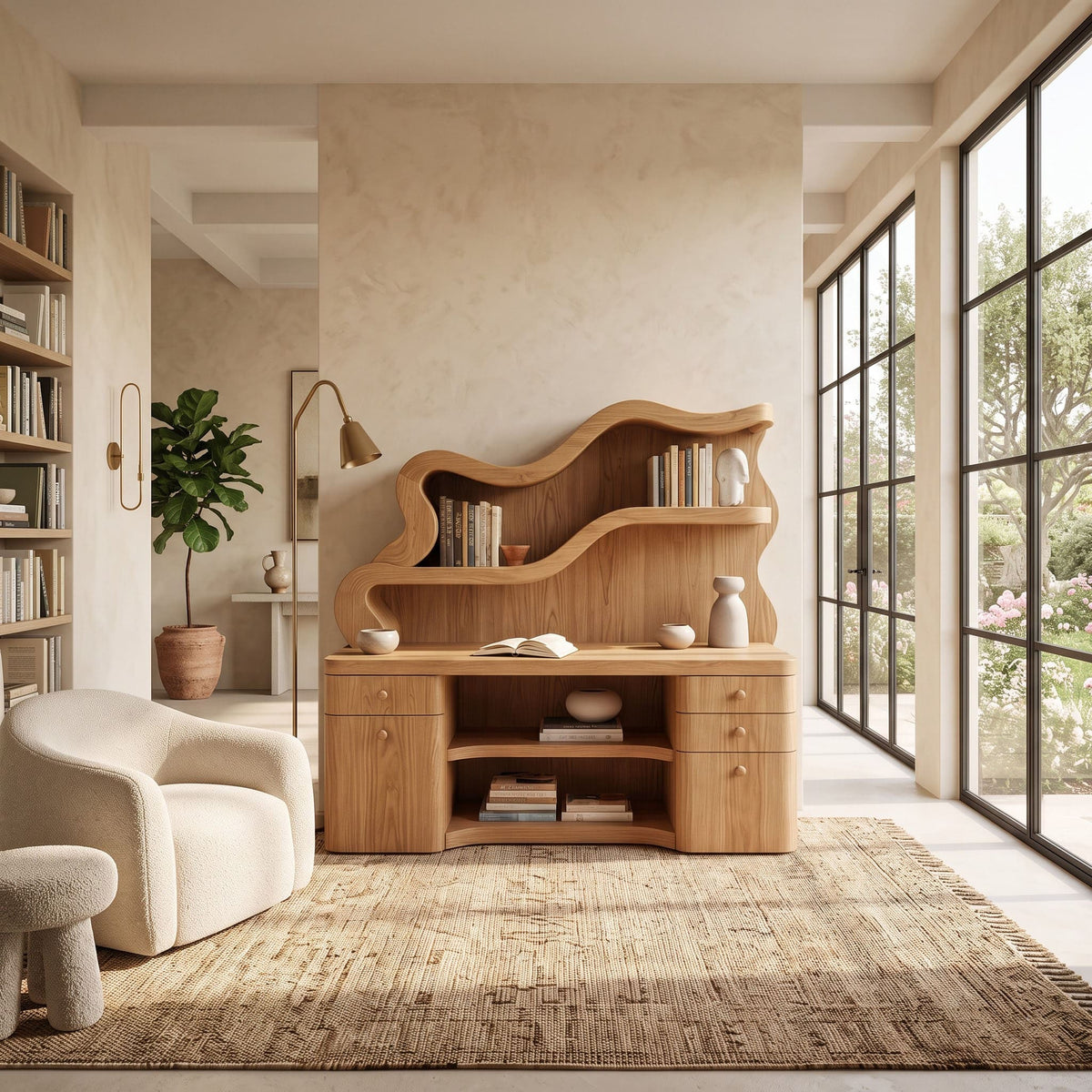 Biophilic Sculptural Solid Wood Desk - Wavy Integrated Bookshelf Hutch & Storage Bureau