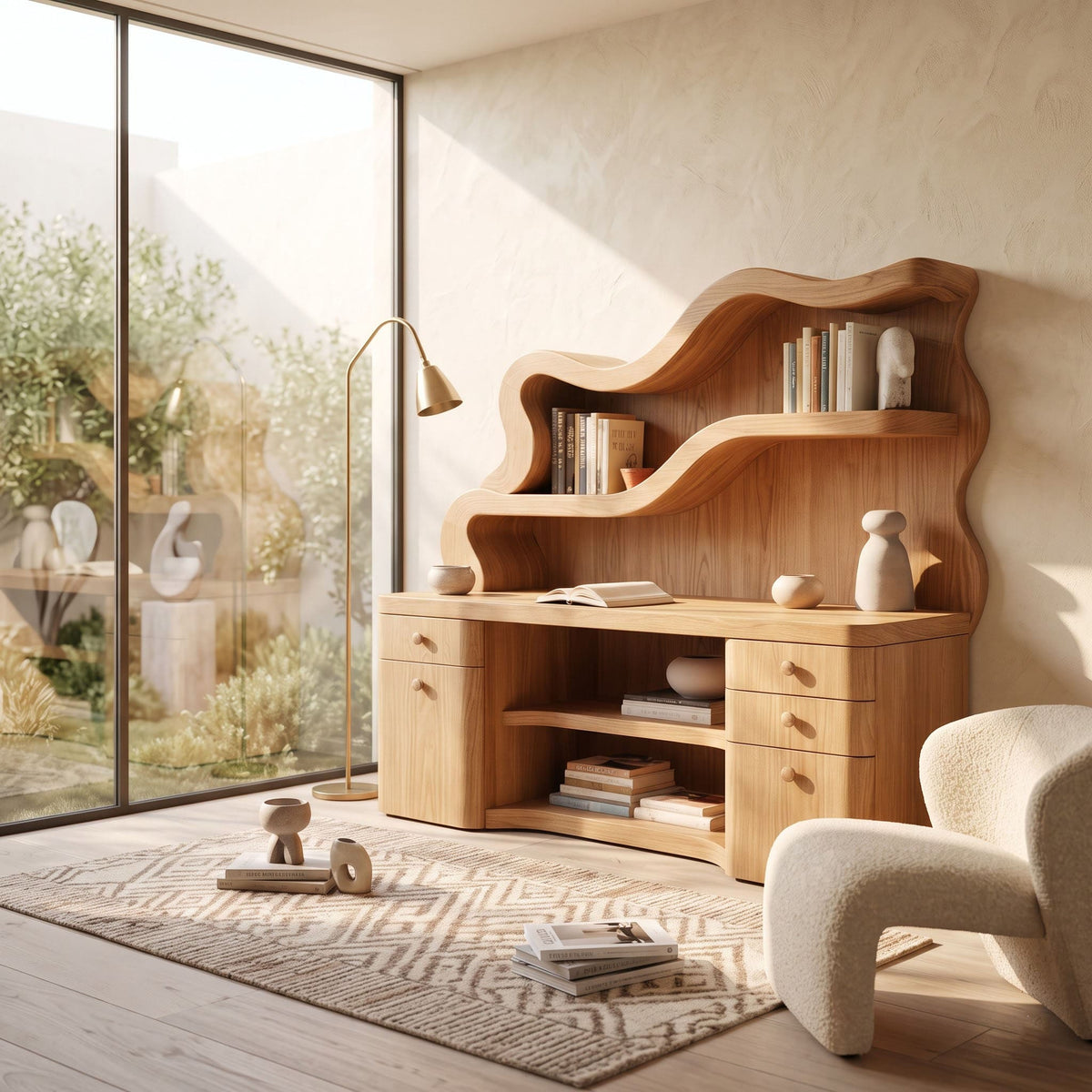 Biophilic Sculptural Solid Wood Desk - Wavy Integrated Bookshelf Hutch & Storage Bureau