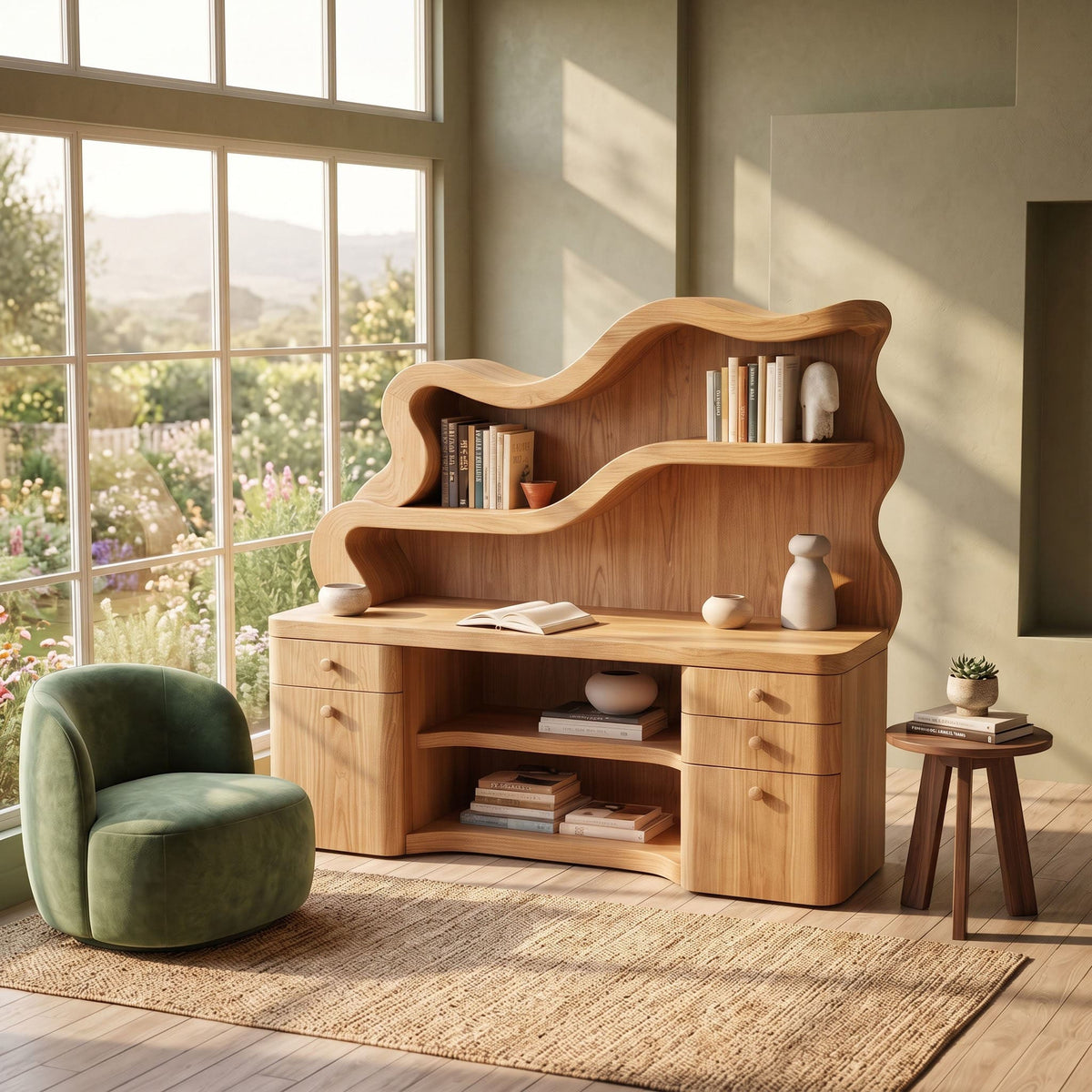 Biophilic Sculptural Solid Wood Desk - Wavy Integrated Bookshelf Hutch & Storage Bureau