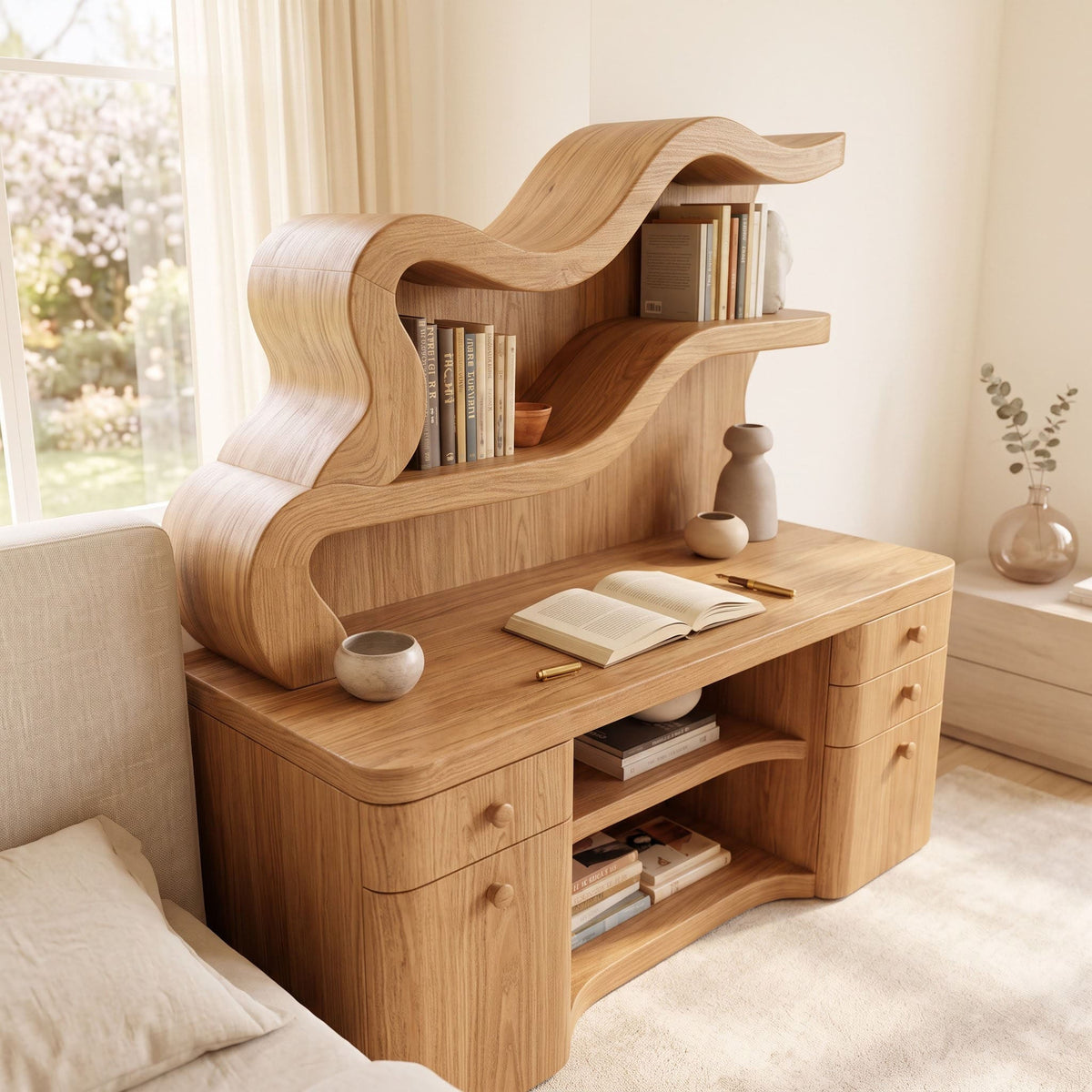Biophilic Sculptural Solid Wood Desk - Wavy Integrated Bookshelf Hutch & Storage Bureau