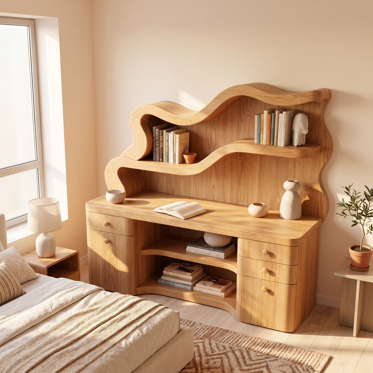 Biophilic Sculptural Solid Wood Desk - Wavy Integrated Bookshelf Hutch & Storage Bureau