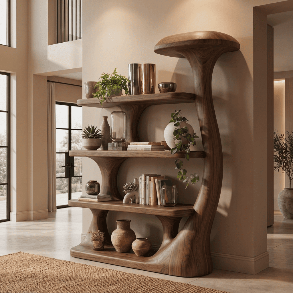 Biophilic sculptural mushroom bookshelf in solid wood