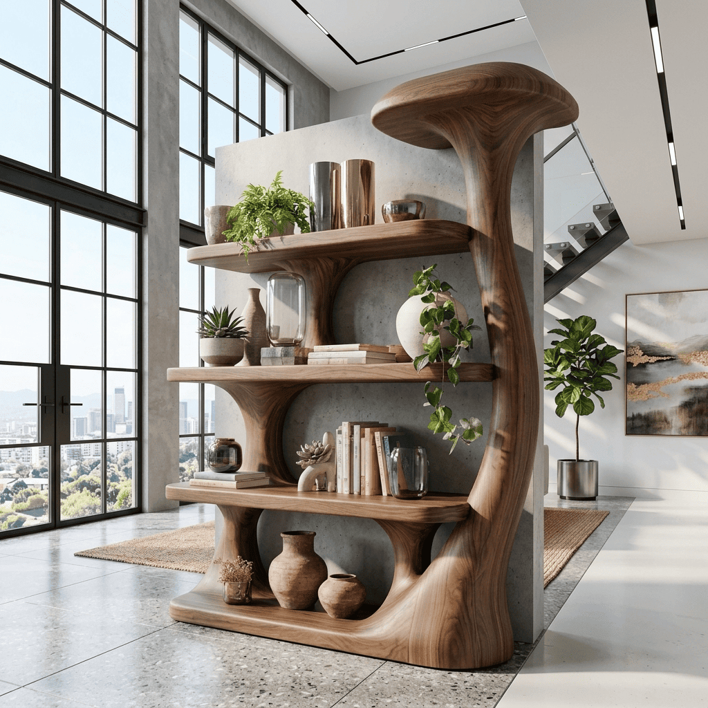 Biophilic solid wood mushroom bookshelf in a contemporary living room