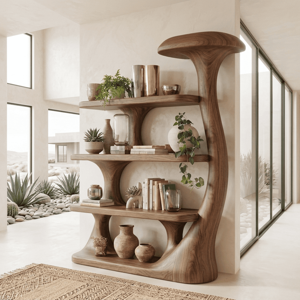 Biophilic solid wood mushroom bookshelf showcased as a statement display piece