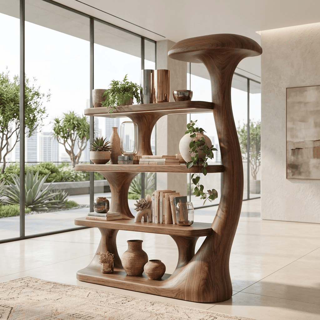 Organic solid wood etagere enhancing a contemporary living space