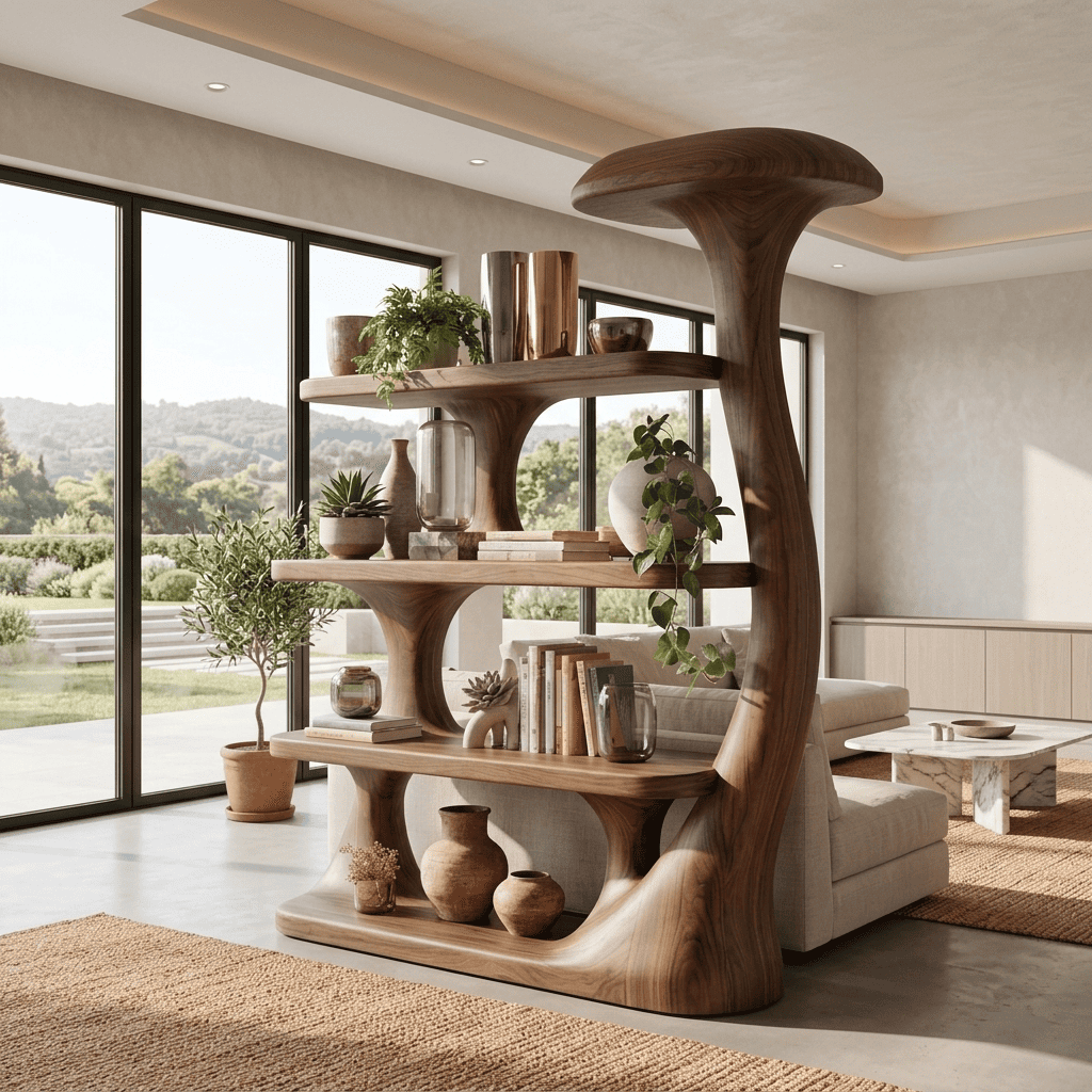 Sculptural solid wood mushroom bookcase displayed in a minimalist home office