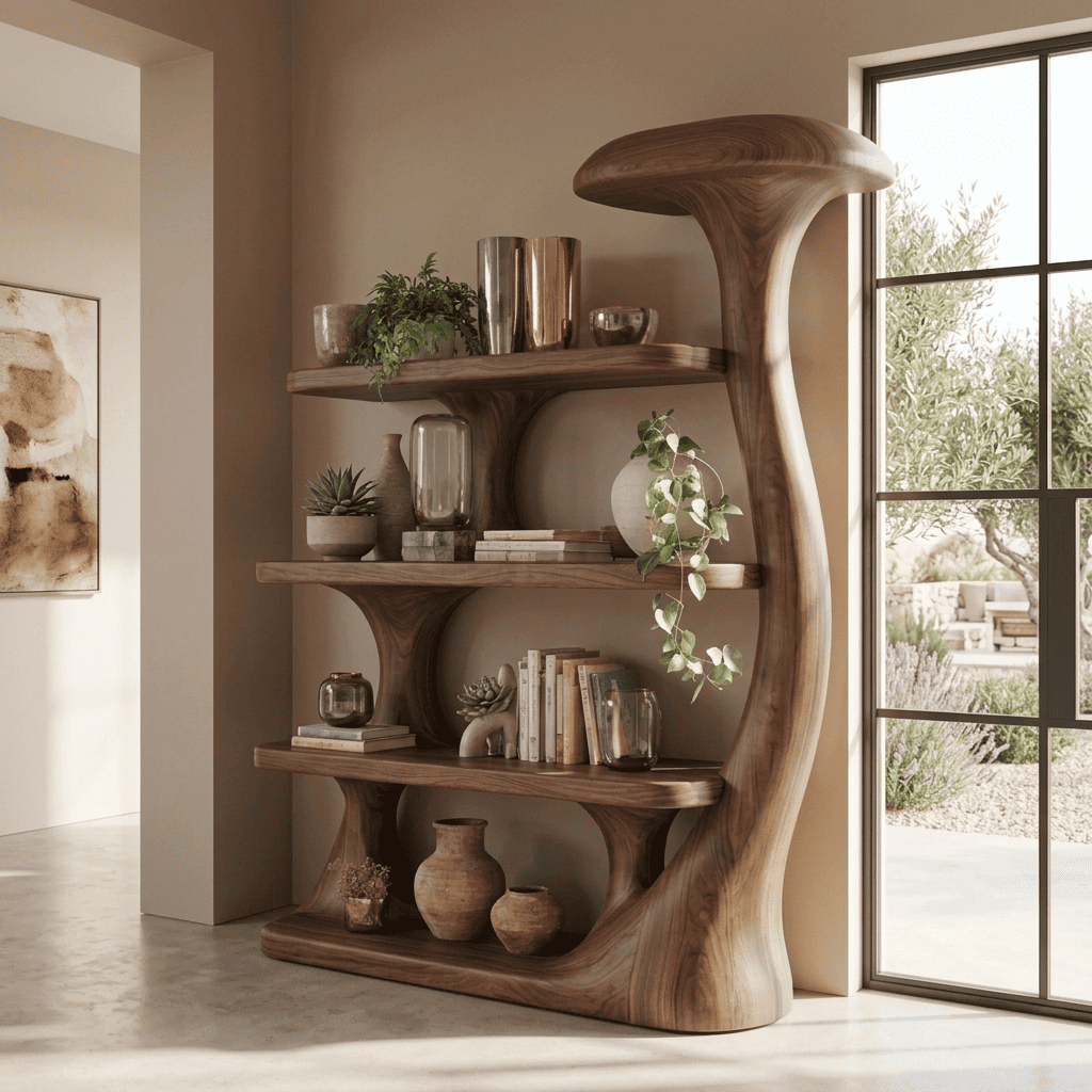 Hand-carved solid wood freestanding timber etagere in a modern reading nook