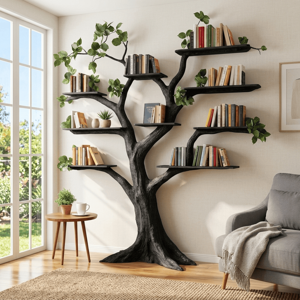 Biophilic sculptural tree bookshelf in solid wood