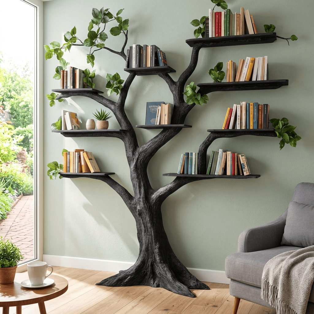 Artisan carved solid wood ebony timber wall library in a modern reading nook