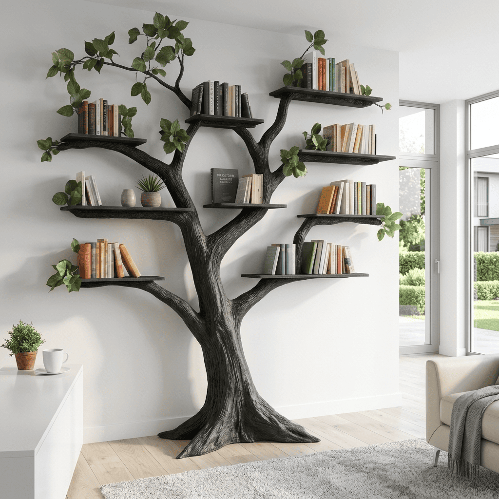 Biophilic solid wood wall bookshelf showcased as a statement architectural display
