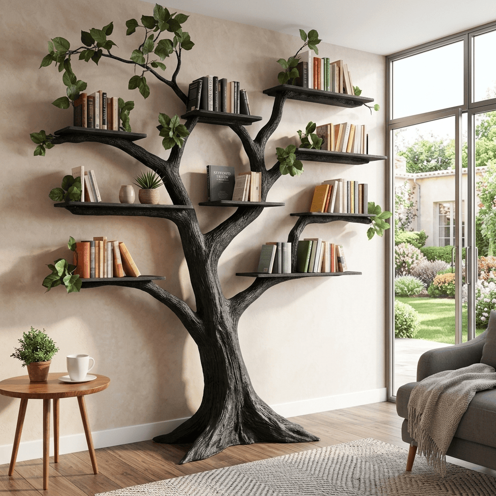 Biophilic solid wood tree bookshelf in a contemporary living room