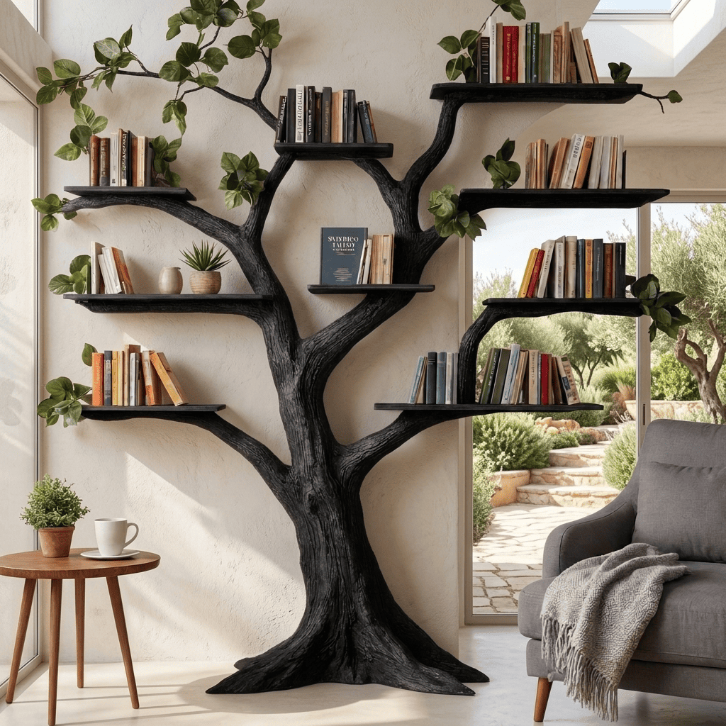 Hand-carved solid wood tree library enhancing a contemporary living space