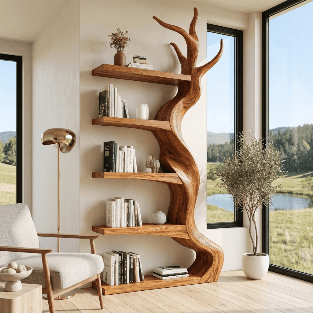 Biophilic sculptural tree bookshelf in solid wood