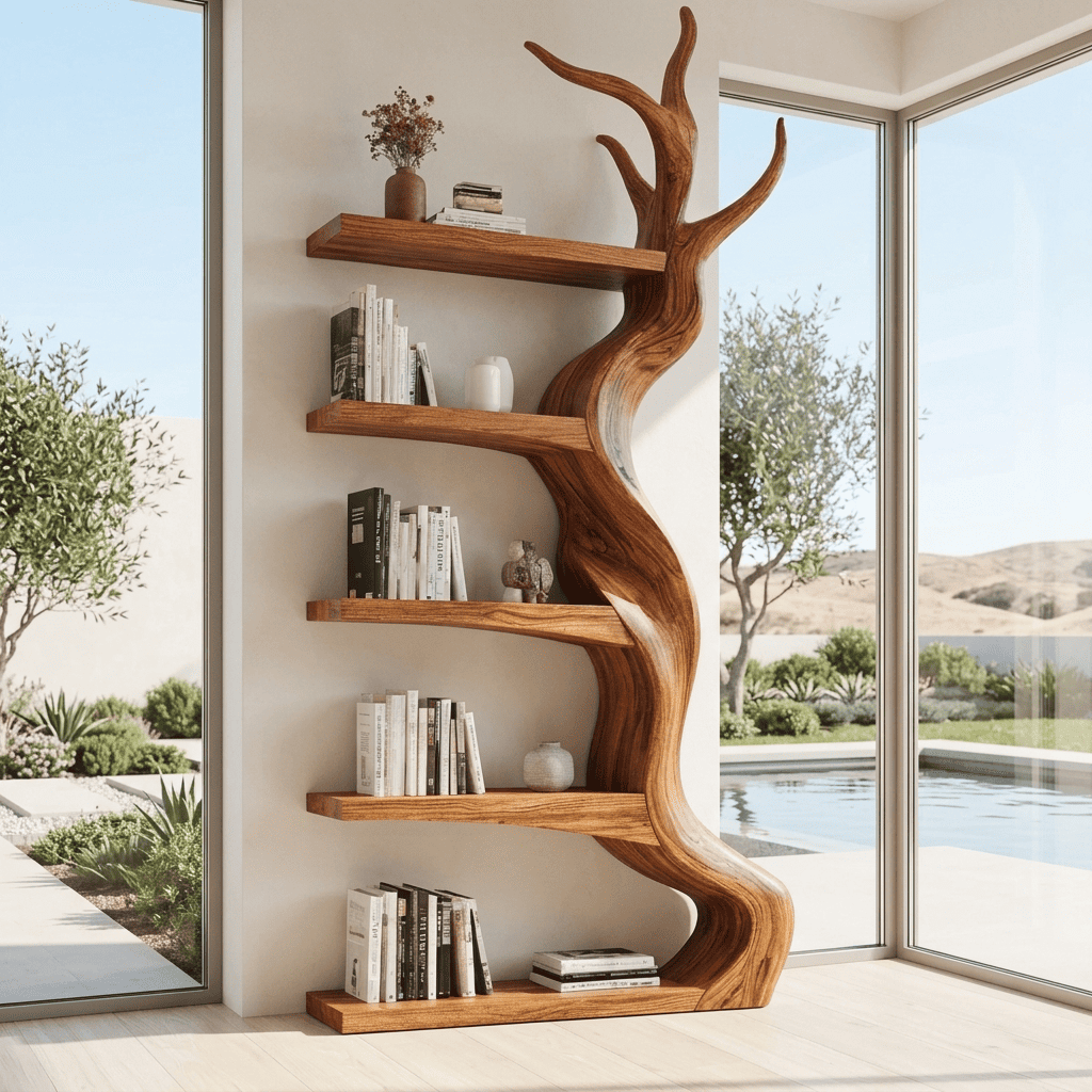 Hand-carved solid wood floor-standing timber bookcase in a modern reading nook