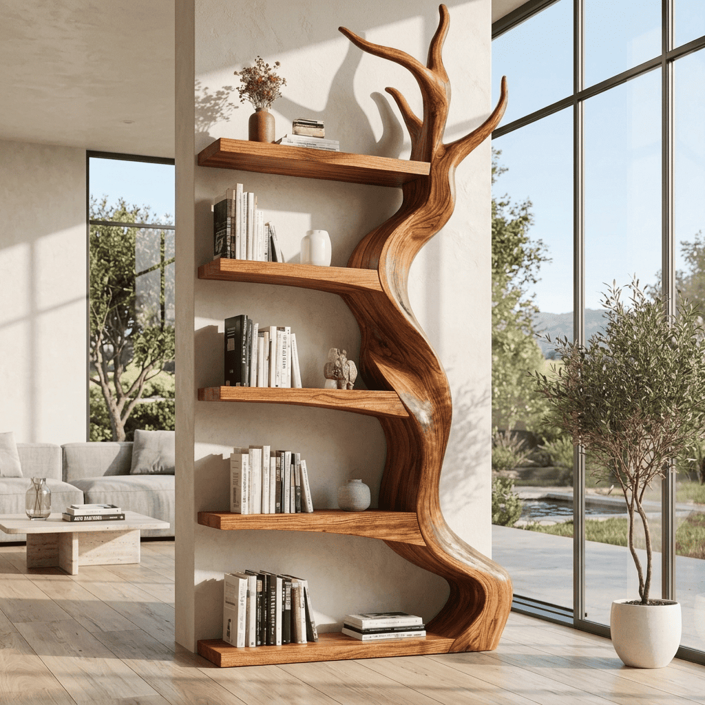 Sculptural solid wood tree bookcase enhancing a contemporary living space