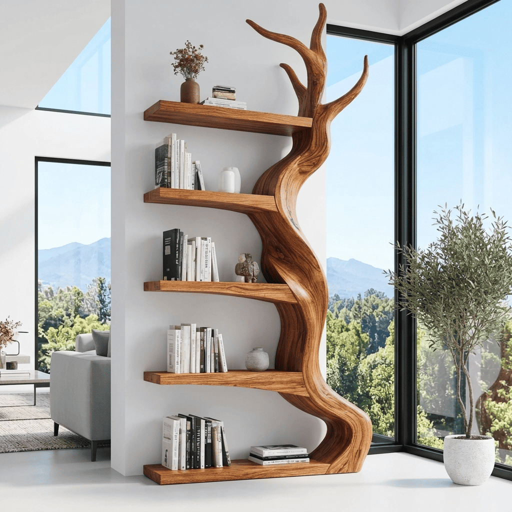 Biophilic solid wood tree bookshelf in a contemporary living room