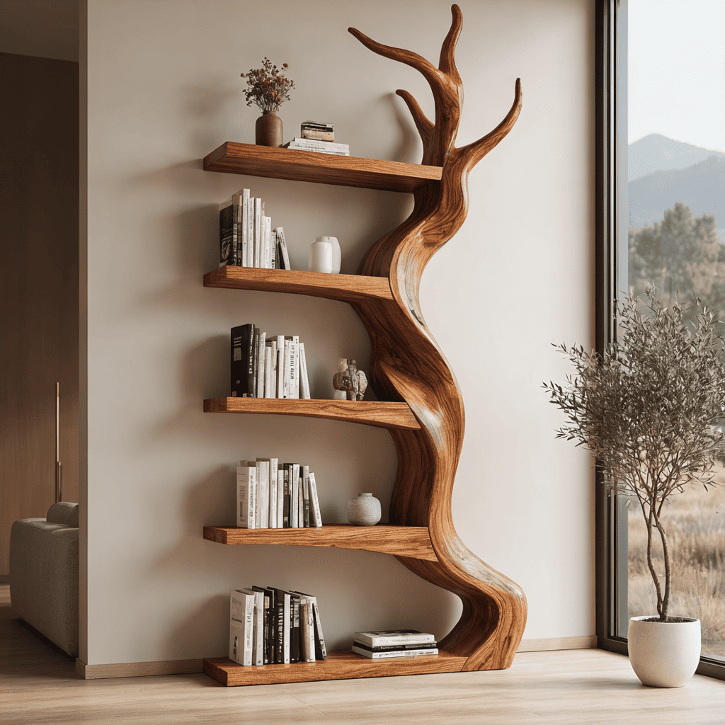 Biophilic solid wood bookshelf showcased as a statement display piece